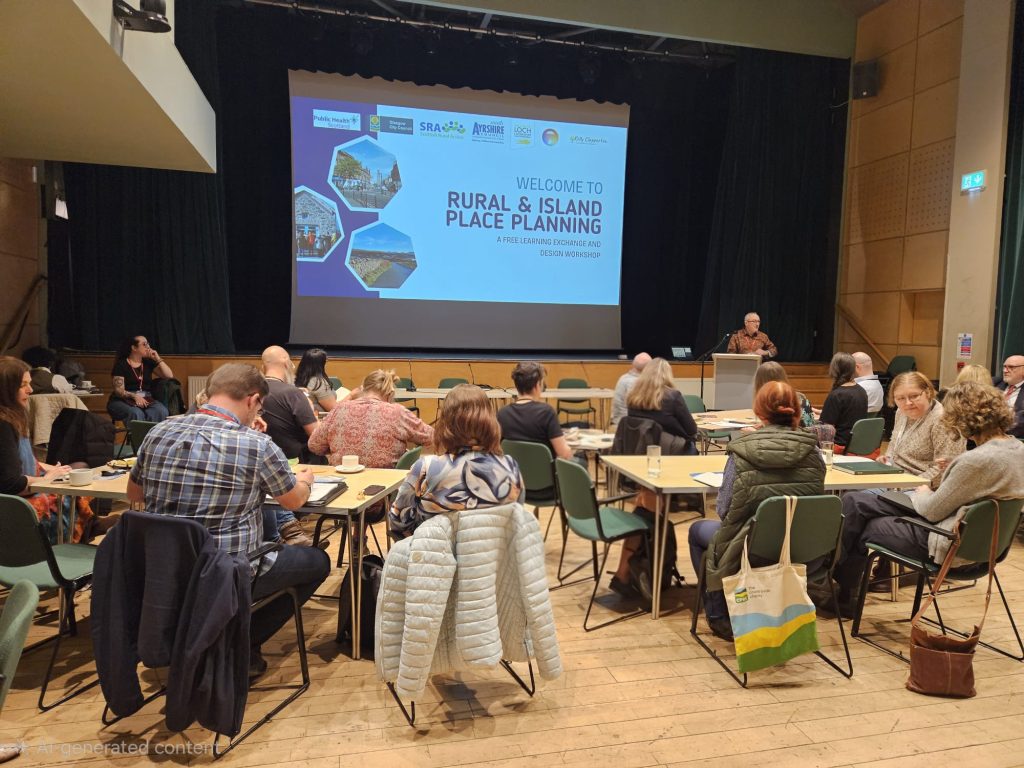 A large room with a man standing up speaking to a group of around 15 people sitting on chairs. On the screen behind the speaker is a powerpoint slide with 'Rural and Island Place Planning' written on the screen. The people listening to the talk are sitting around tables, with coats and bags hanging off the back of the chairs.