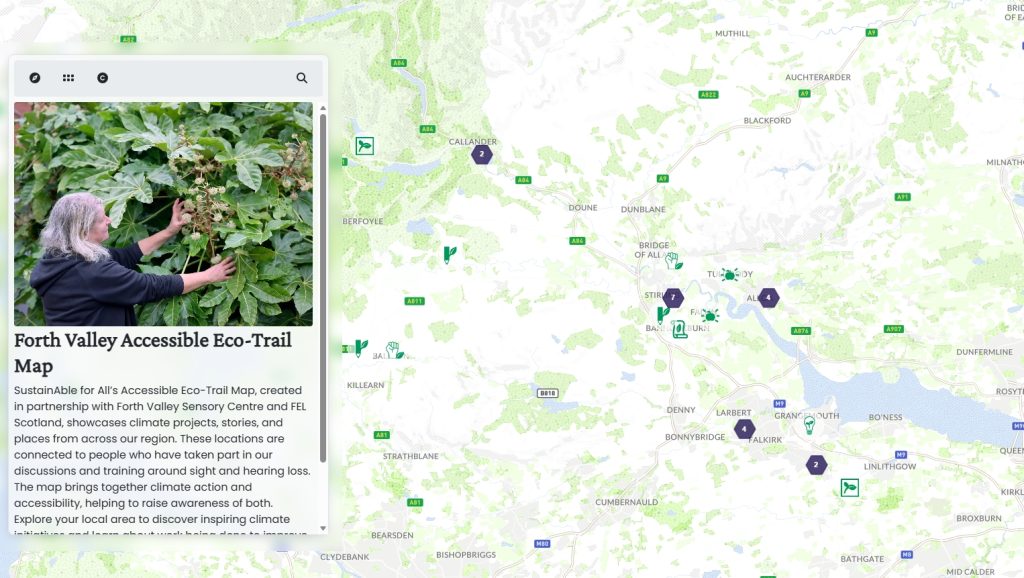 A screenshot of the Forth Valley Accessible Eco-Trail Map, showing a map with climate initiative locations around the Forth Valley, alongside a description of the map with a photo of a woman with grey hair and a black jumper gardening.